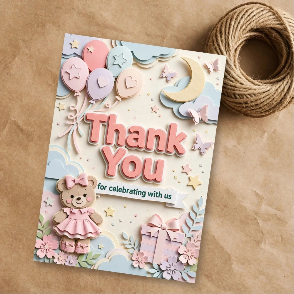 Teddy Bear Girl Theme Thank You Cards Birthday Party Supplies (PACK OF 30) - 300 GSM Matte Fine Art Cardstock (2.5 x 3.5 Inch) - Premium Party Decor Supply by Party Decor Mall - View 1