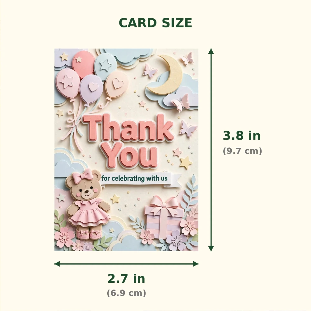Teddy Bear Girl Theme Thank You Cards Birthday Party Supplies (PACK OF 30) - 300 GSM Matte Fine Art Cardstock (2.5 x 3.5 Inch) - Premium Party Decor Supply by Party Decor Mall - View 2