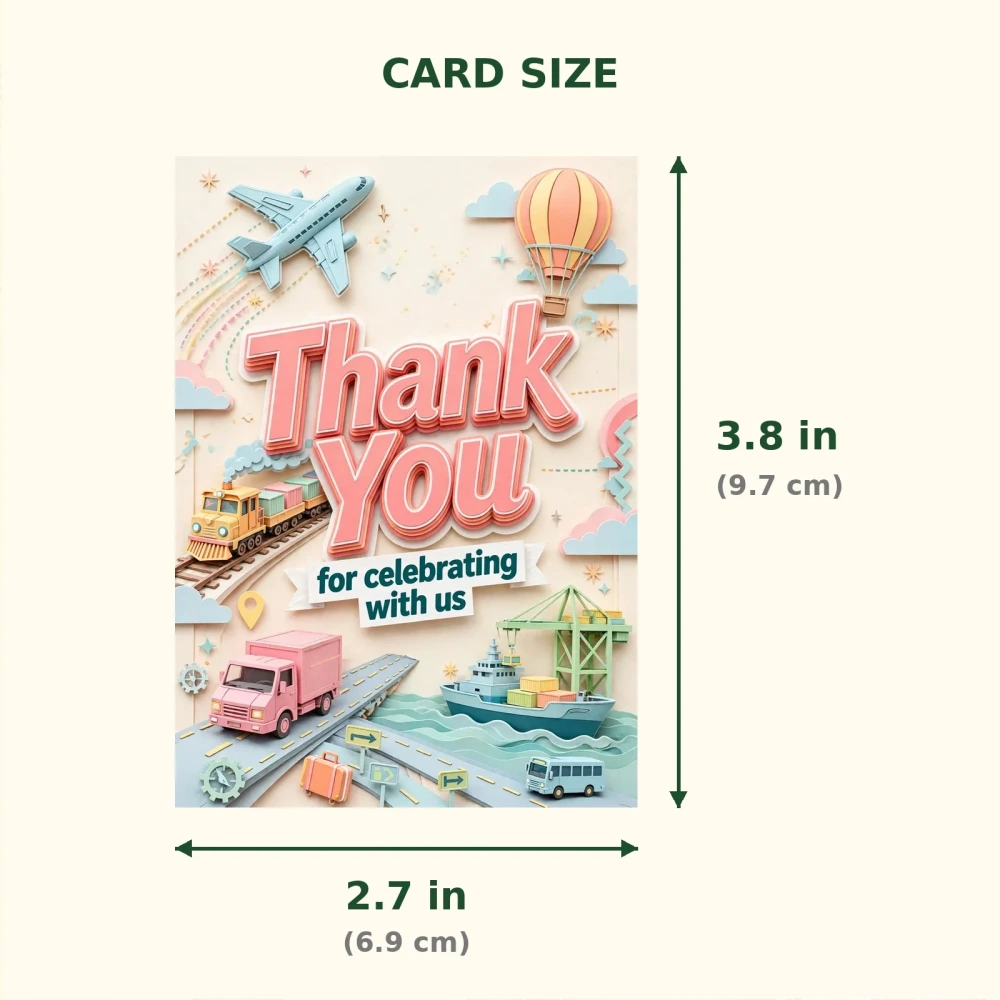 Transport Theme Thank You Cards Birthday Party Supplies (PACK OF 30) - 300 GSM Matte Fine Art Cardstock (2.5 x 3.5 Inch) - Premium Party Decor Supply by Party Decor Mall - View 2