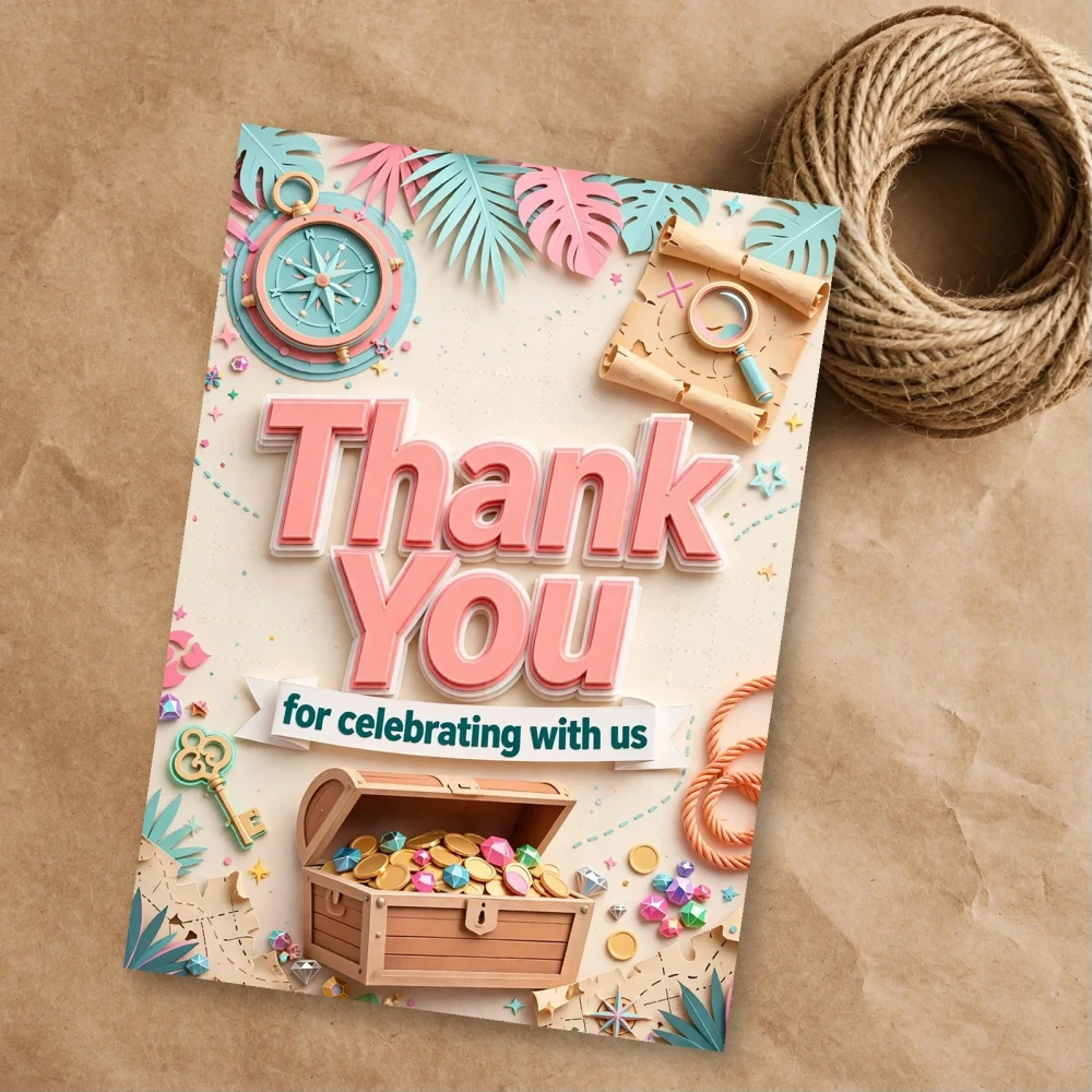 Treasure Hunt Theme Thank You Cards Birthday Party Supplies (PACK OF 30) - 300 GSM Matte Fine Art Cardstock (2.5 x 3.5 Inch) - Premium Party Decor Supply by Party Decor Mall - View 1