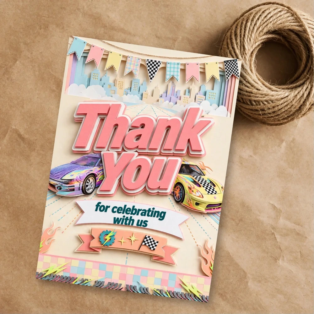 Two Fast Theme Thank You Cards Birthday Party Supplies (PACK OF 30) - 300 GSM Matte Fine Art Cardstock (2.5 x 3.5 Inch) - Premium Party Decor Supply by Party Decor Mall - View 1