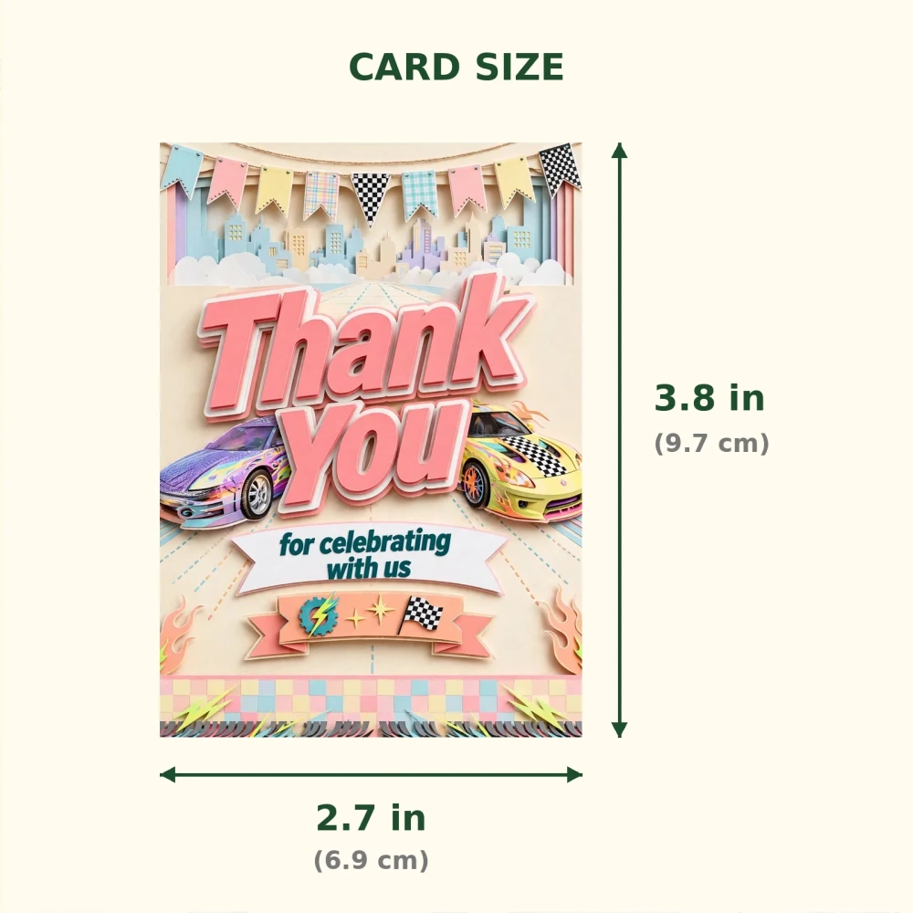 Two Fast Theme Thank You Cards Birthday Party Supplies (PACK OF 30) - 300 GSM Matte Fine Art Cardstock (2.5 x 3.5 Inch) - Premium Party Decor Supply by Party Decor Mall - View 2
