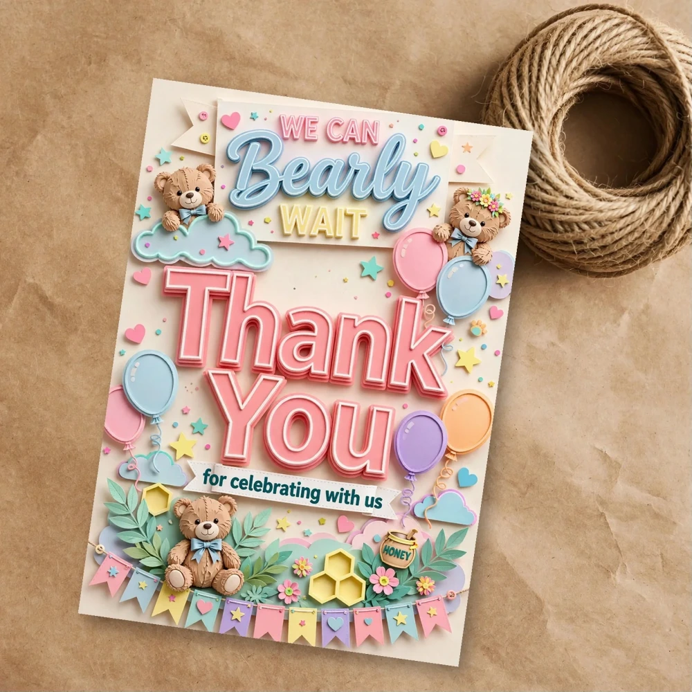 We Can Bearly Wait Theme Thank You Cards Birthday Party Supplies (PACK OF 30) - 300 GSM Matte Fine Art Cardstock (2.5 x 3.5 Inch) - Premium Party Decor Supply by Party Decor Mall - View 1