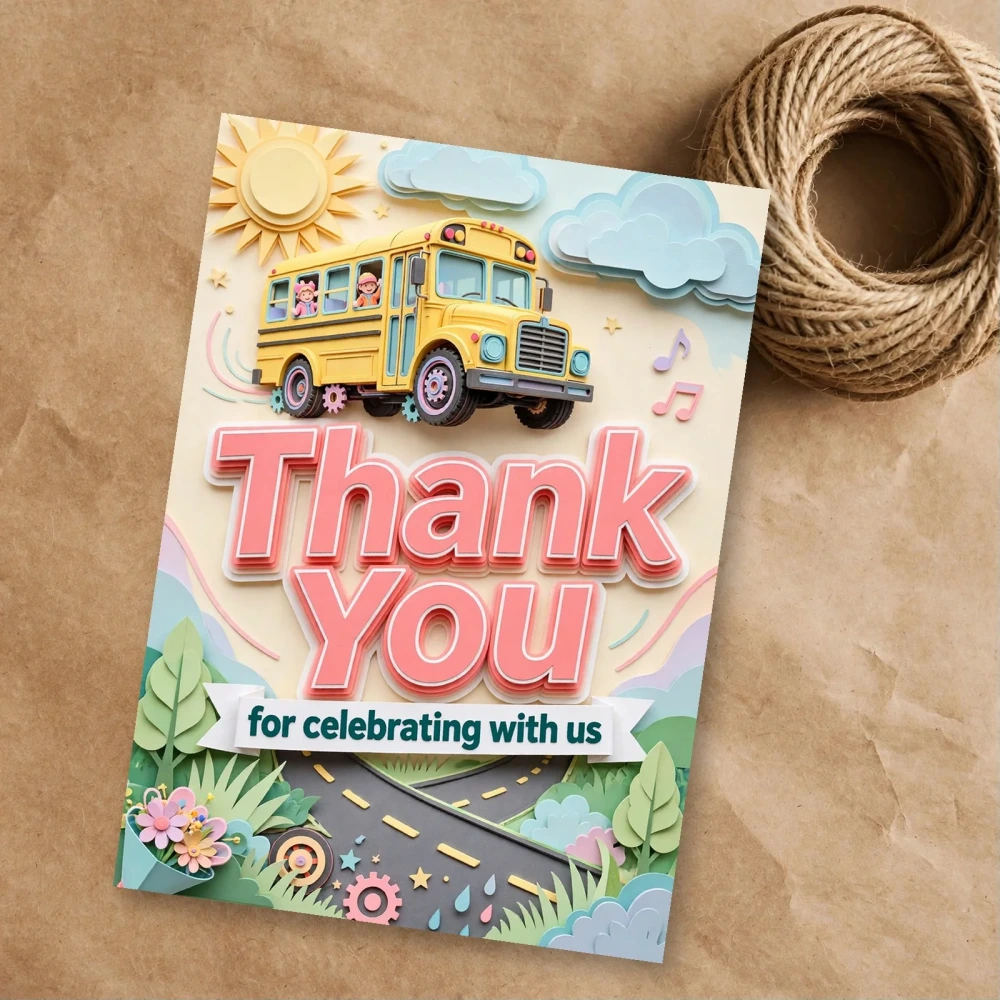 Wheels On The Bus Theme Thank You Cards Birthday Party Supplies (PACK OF 30) - 300 GSM Matte Fine Art Cardstock (2.5 x 3.5 Inch) - Premium Party Decor Supply by Party Decor Mall - View 1
