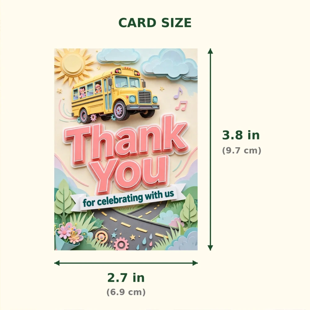 Wheels On The Bus Theme Thank You Cards Birthday Party Supplies (PACK OF 30) - 300 GSM Matte Fine Art Cardstock (2.5 x 3.5 Inch) - Premium Party Decor Supply by Party Decor Mall - View 2