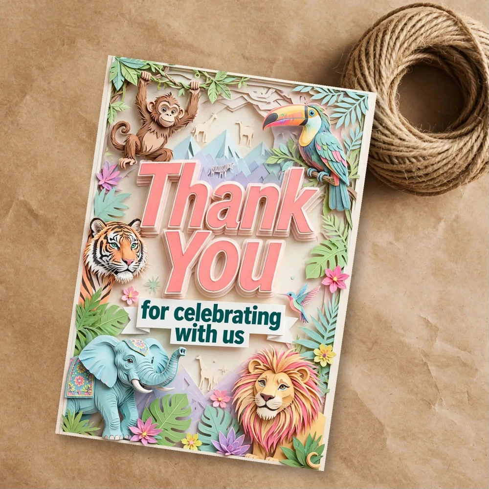 Wild Animals Theme Thank You Cards Birthday Party Supplies (PACK OF 30) - 300 GSM Matte Fine Art Cardstock (2.5 x 3.5 Inch)