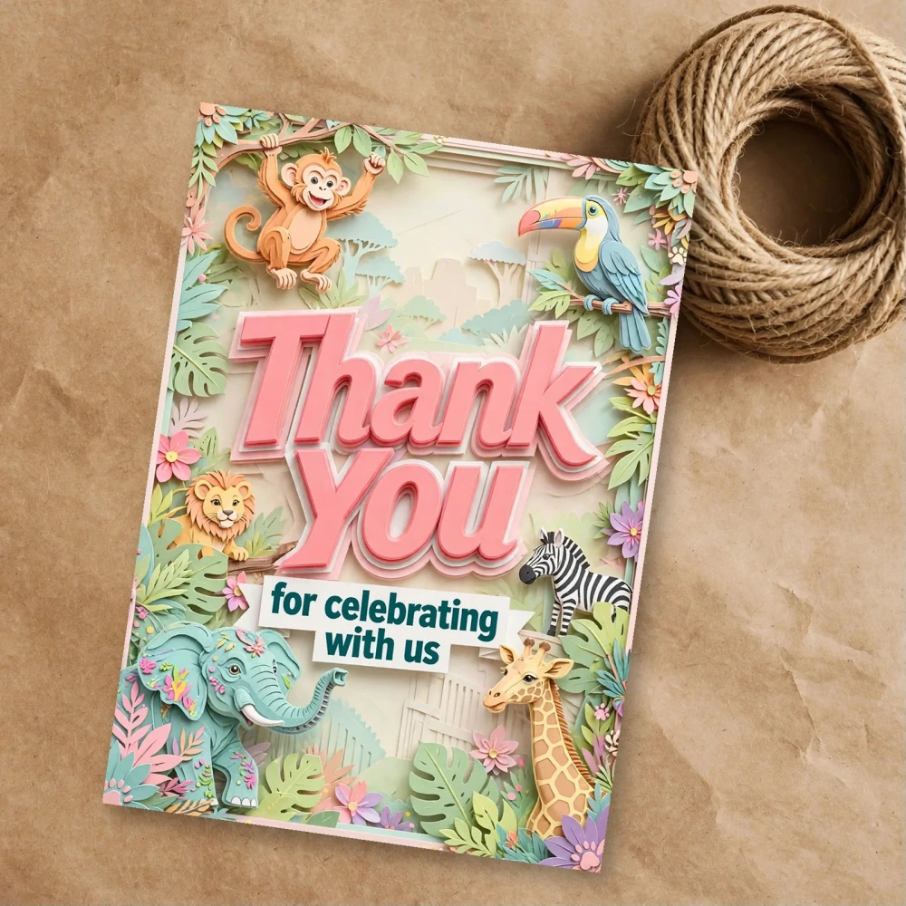 Zoo Theme Thank You Cards Birthday Party Supplies (PACK OF 30) - 300 GSM Matte Fine Art Cardstock (2.5 x 3.5 Inch)