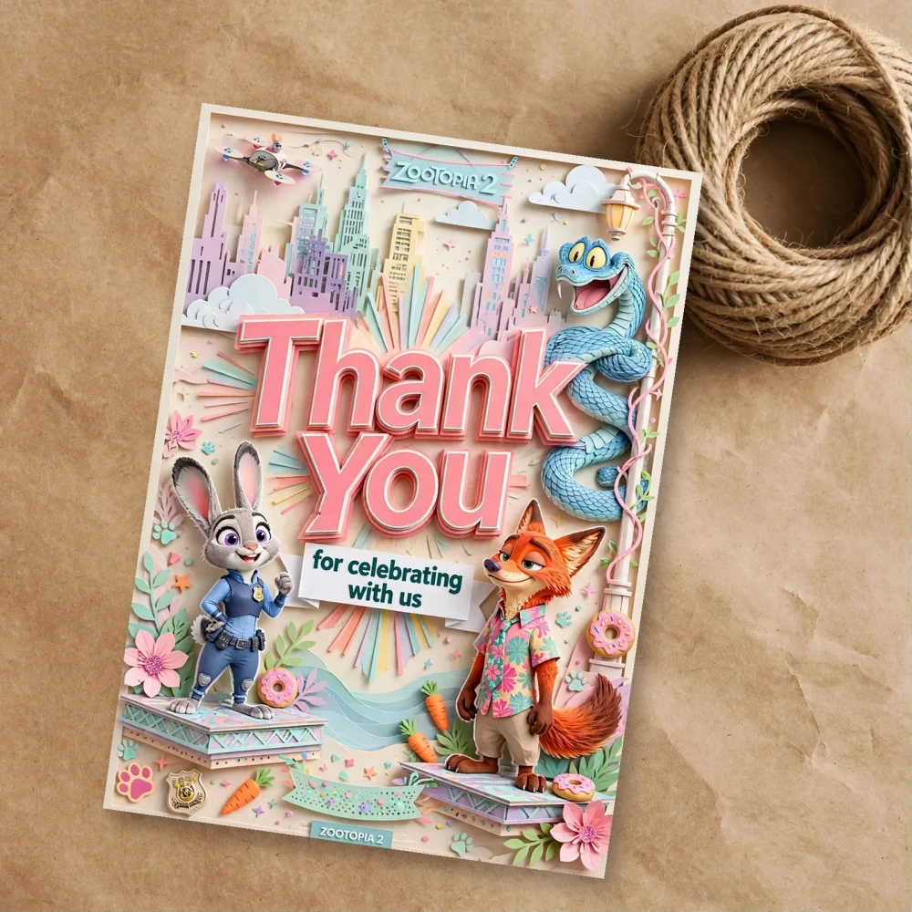 Zootopia Theme Thank You Cards Birthday Party Supplies (PACK OF 30) - 300 GSM Matte Fine Art Cardstock (2.5 x 3.5 Inch)