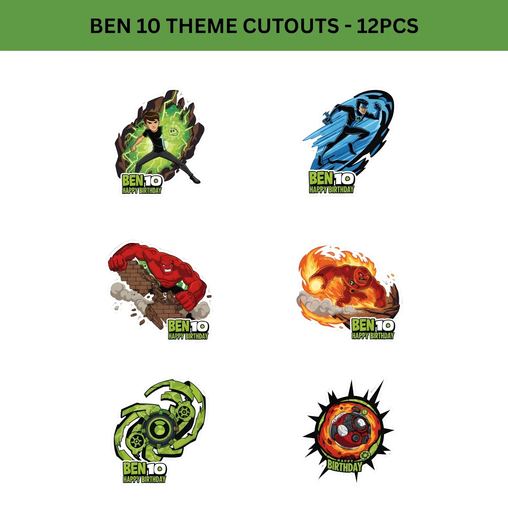 Ben10 Theme Birthday Cutouts (6 inches/250 GSM Cardstock/Mixcolour/12Pcs) - Premium Handcrafted 300 GSM Paper Cutouts by Party Decor Mall India - View 2