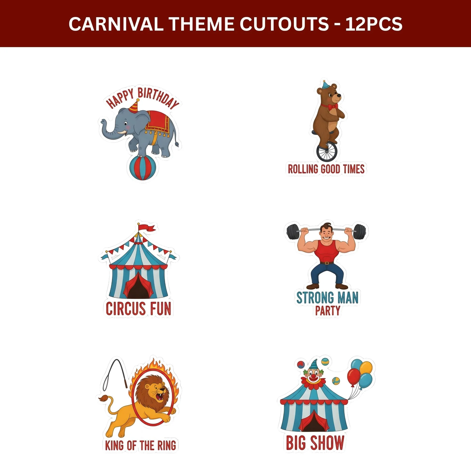 Carnival Theme Birthday Cutouts (6 inches/250 GSM Cardstock/Mixcolour/12Pcs) - Premium Handcrafted 300 GSM Paper Cutouts by Party Decor Mall India - View 2