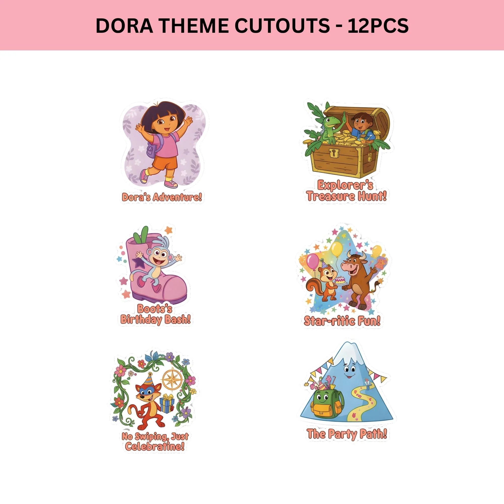 Dora Theme Birthday Cutouts (6 inches/250 GSM Cardstock/Mixcolour/12Pcs) - Premium Handcrafted 300 GSM Paper Cutouts by Party Decor Mall India - View 2