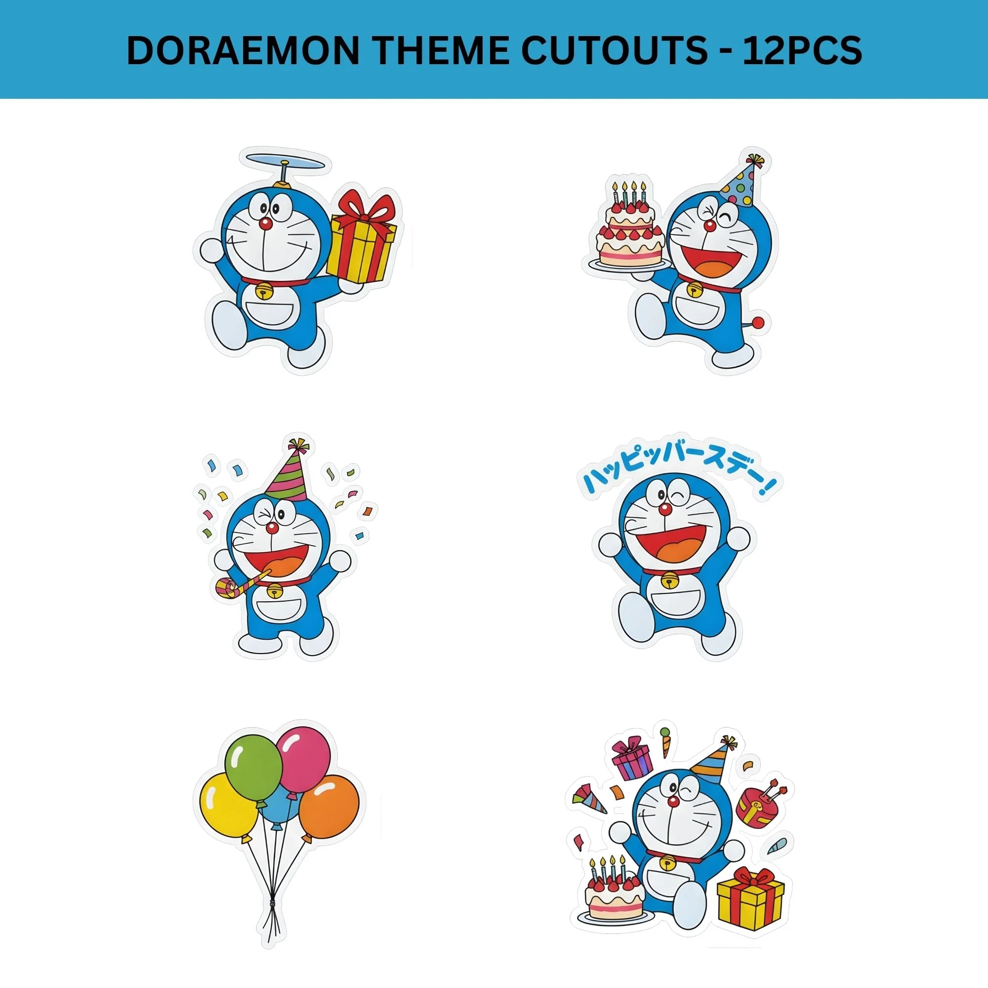 Doraemon Theme Birthday Cutouts (6 inches/250 GSM Cardstock/Mixcolour/12Pcs) - Premium Handcrafted 300 GSM Paper Cutouts by Party Decor Mall India - View 2