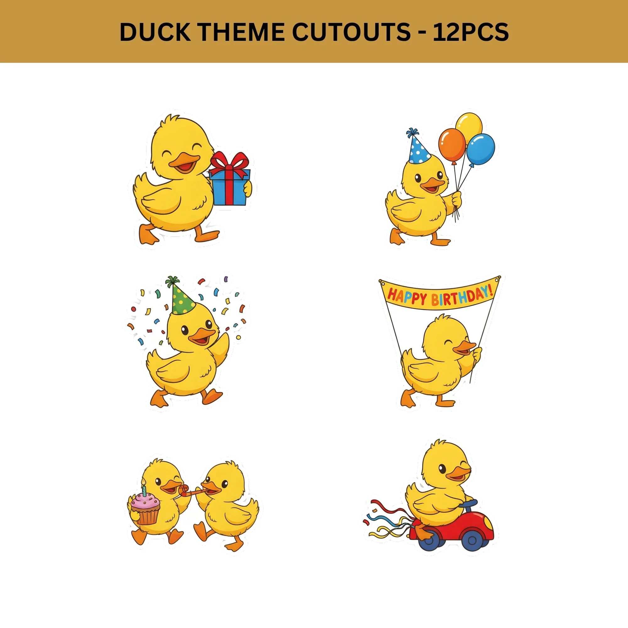 Duck Theme Birthday Cutouts (6 inches/250 GSM Cardstock/Mixcolour/12Pcs) - Premium Handcrafted 300 GSM Paper Cutouts by Party Decor Mall India - View 2