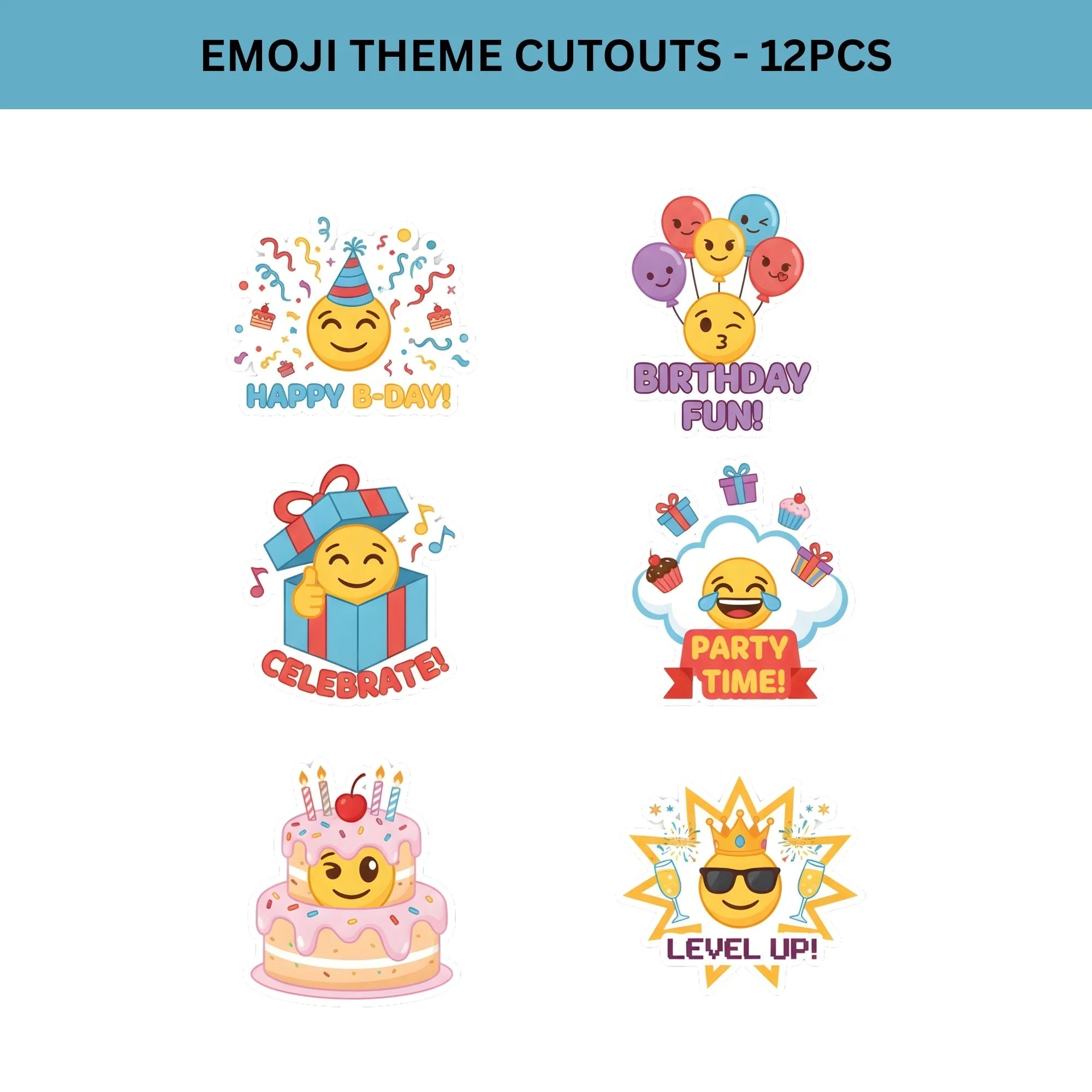 Emoji Theme Birthday Cutouts (6 inches/250 GSM Cardstock/Mixcolour/12Pcs) - Premium Handcrafted 300 GSM Paper Cutouts by Party Decor Mall India - View 2