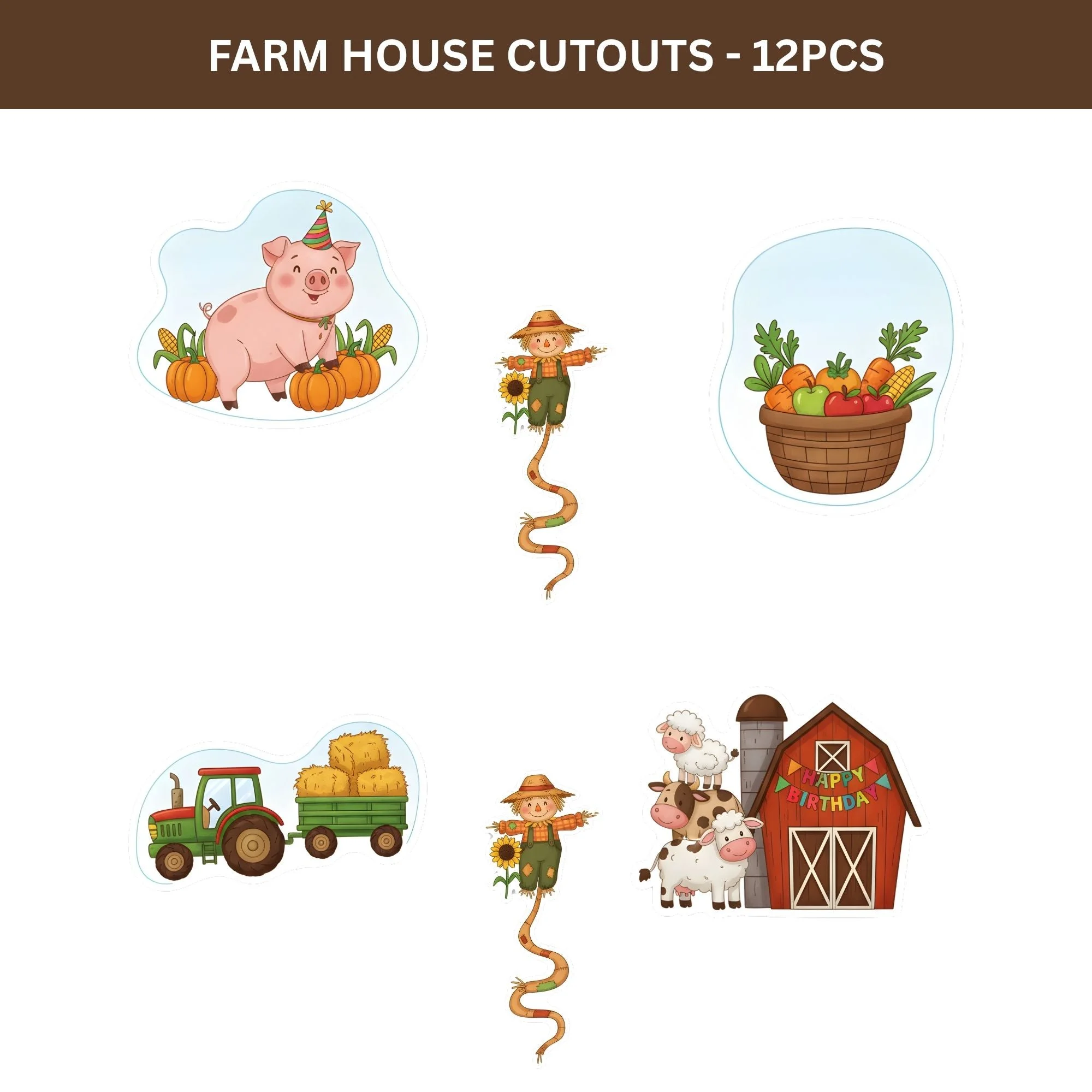 Farm House Theme Birthday Cutouts (6 inches/250 GSM Cardstock/Mixcolour/12Pcs) - Premium Handcrafted 300 GSM Paper Cutouts by Party Decor Mall India - View 2