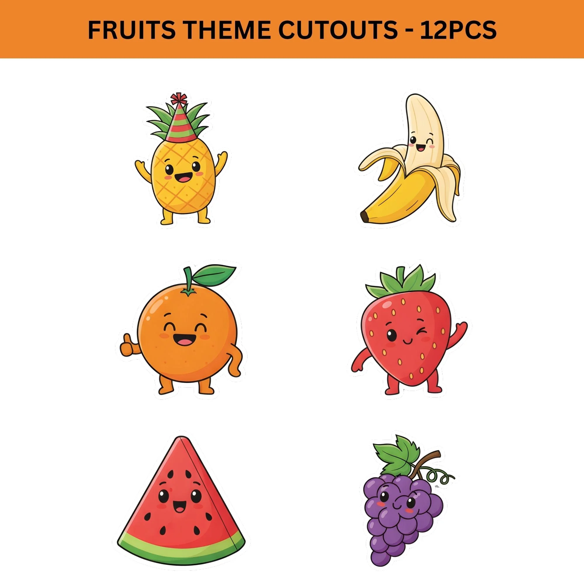Fruits Theme Birthday Cutouts (6 inches/250 GSM Cardstock/Mixcolour/12Pcs) - Premium Handcrafted 300 GSM Paper Cutouts by Party Decor Mall India - View 2
