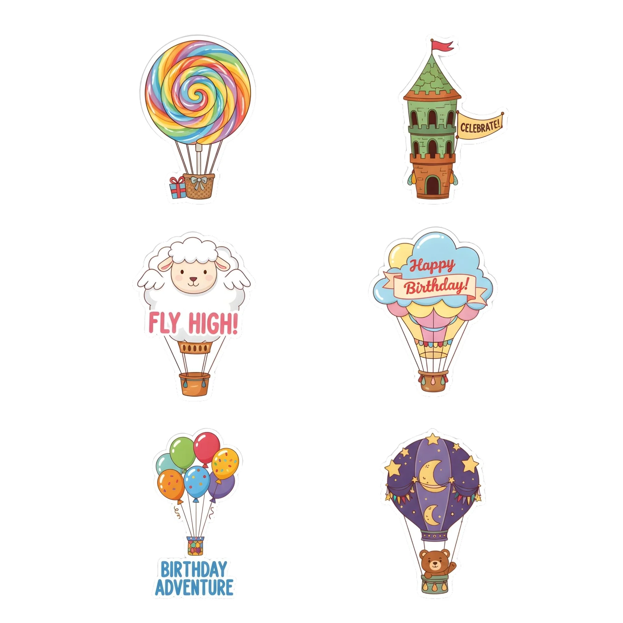 Hot Air Balloon Theme Birthday Cutouts (6 inches/250 GSM Cardstock/Mixcolour/12Pcs) - Premium Handcrafted 300 GSM Paper Cutouts by Party Decor Mall India - View 1