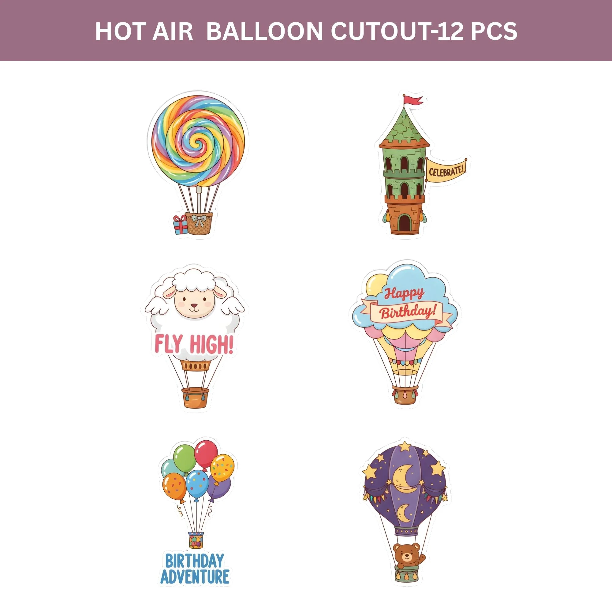 Hot Air Balloon Theme Birthday Cutouts (6 inches/250 GSM Cardstock/Mixcolour/12Pcs) - Premium Handcrafted 300 GSM Paper Cutouts by Party Decor Mall India - View 2