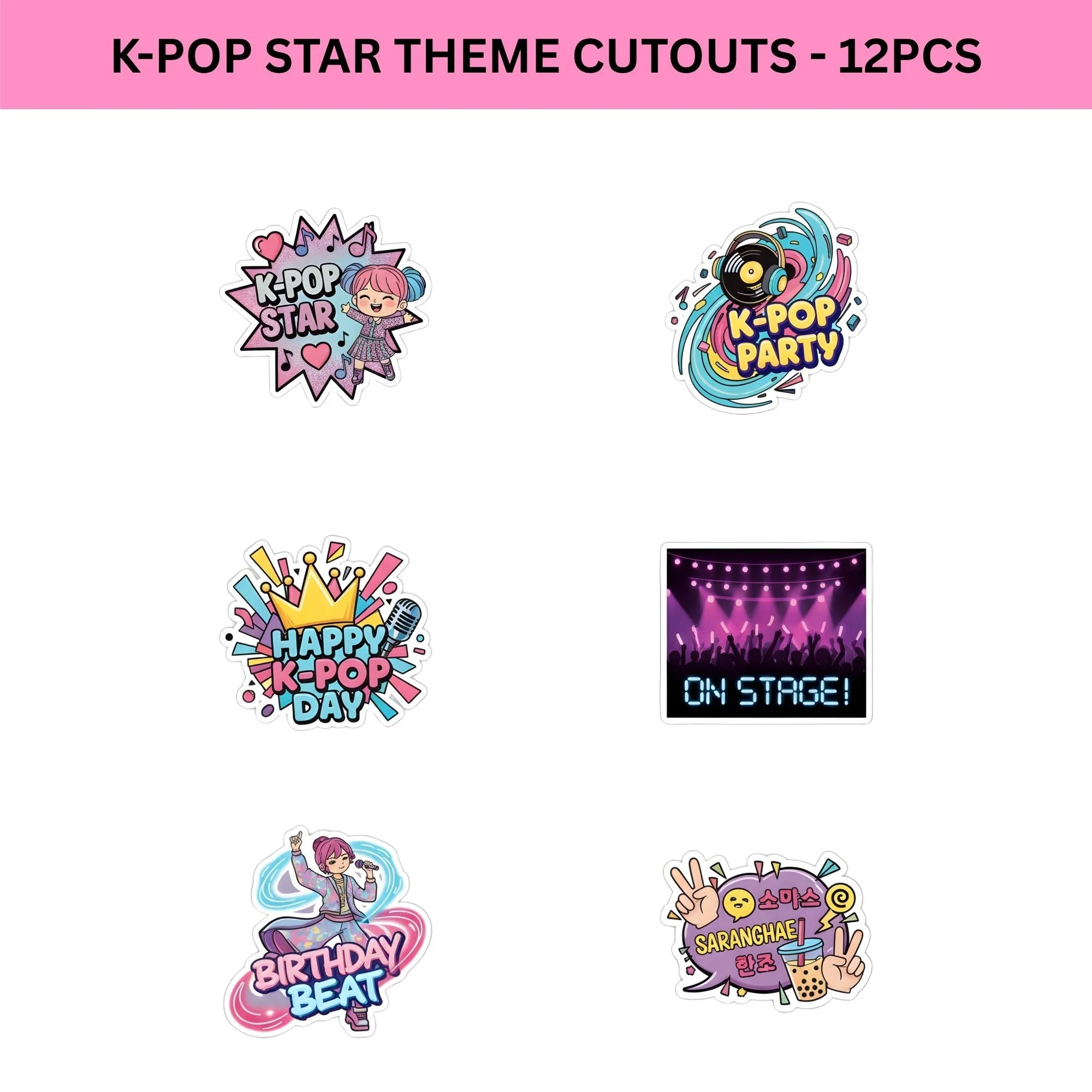 K-Pop Star Theme Birthday Cutouts (6 inches/250 GSM Cardstock/Mixcolour/12Pcs) - Premium Handcrafted 300 GSM Paper Cutouts by Party Decor Mall India - View 2