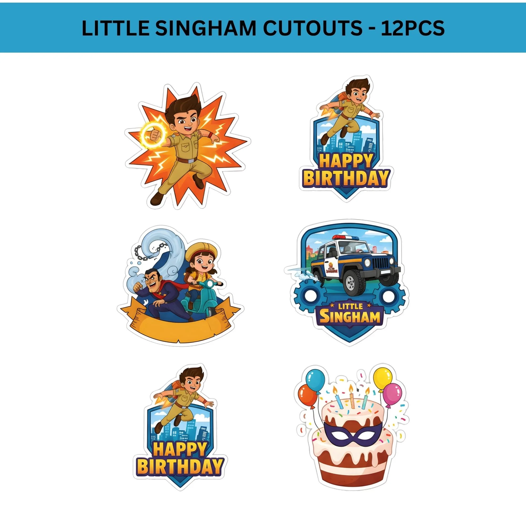 Little Singham Theme Birthday Cutouts (6 inches/250 GSM Cardstock/Mixcolour/12Pcs) - Premium Handcrafted 300 GSM Paper Cutouts by Party Decor Mall India - View 2