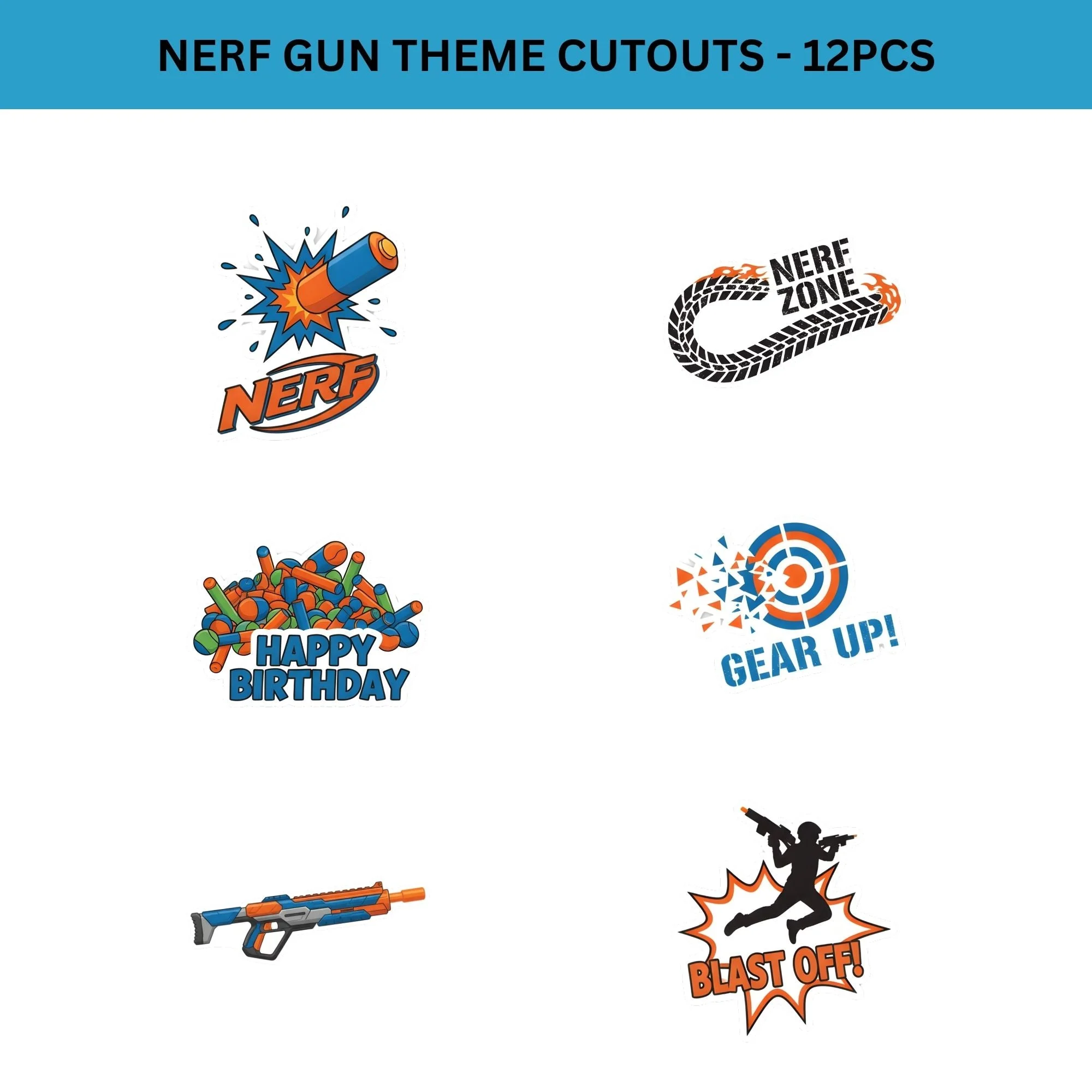 Nerf Gun Theme Birthday Cutouts (6 inches/250 GSM Cardstock/Mixcolour/12Pcs) - Premium Handcrafted 300 GSM Paper Cutouts by Party Decor Mall India - View 2
