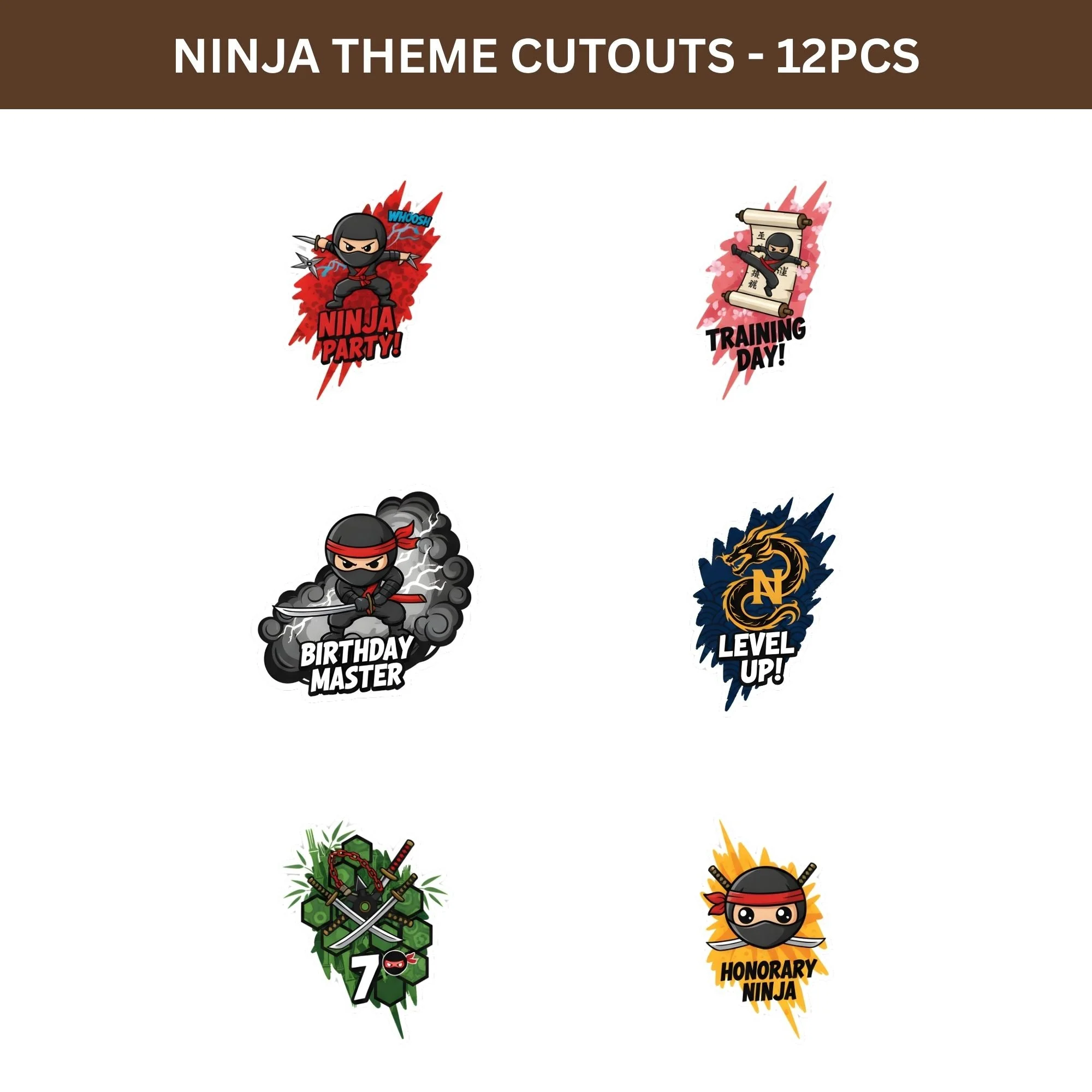 Ninja Theme Birthday Cutouts (6 inches/250 GSM Cardstock/Mixcolour/12Pcs) - Premium Handcrafted 300 GSM Paper Cutouts by Party Decor Mall India - View 2