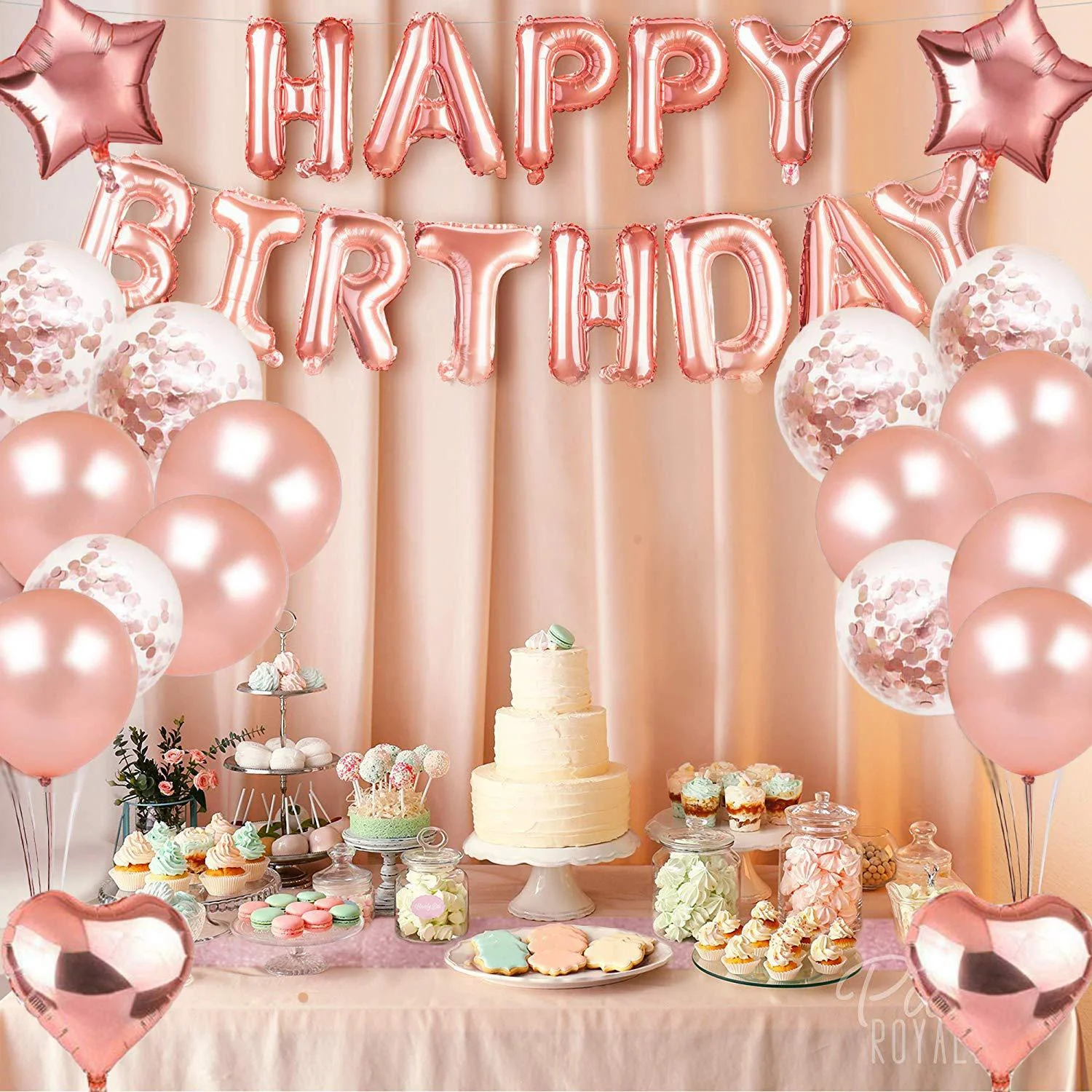 Rose Gold Birthday Party Supplies Happy Birthday Banner Star Heart Foil Balloons Rose Gold Birthday Party Decoration set
