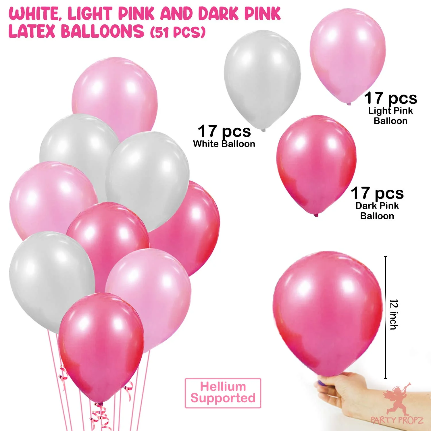 Pink White Metallic Balloons Pack - 50Pcs for Kids Girls Women Birthday, Baby Shower, Princess Decorations - Premium Handcrafted 300 GSM Balloons by Party Decor Mall India - View 3