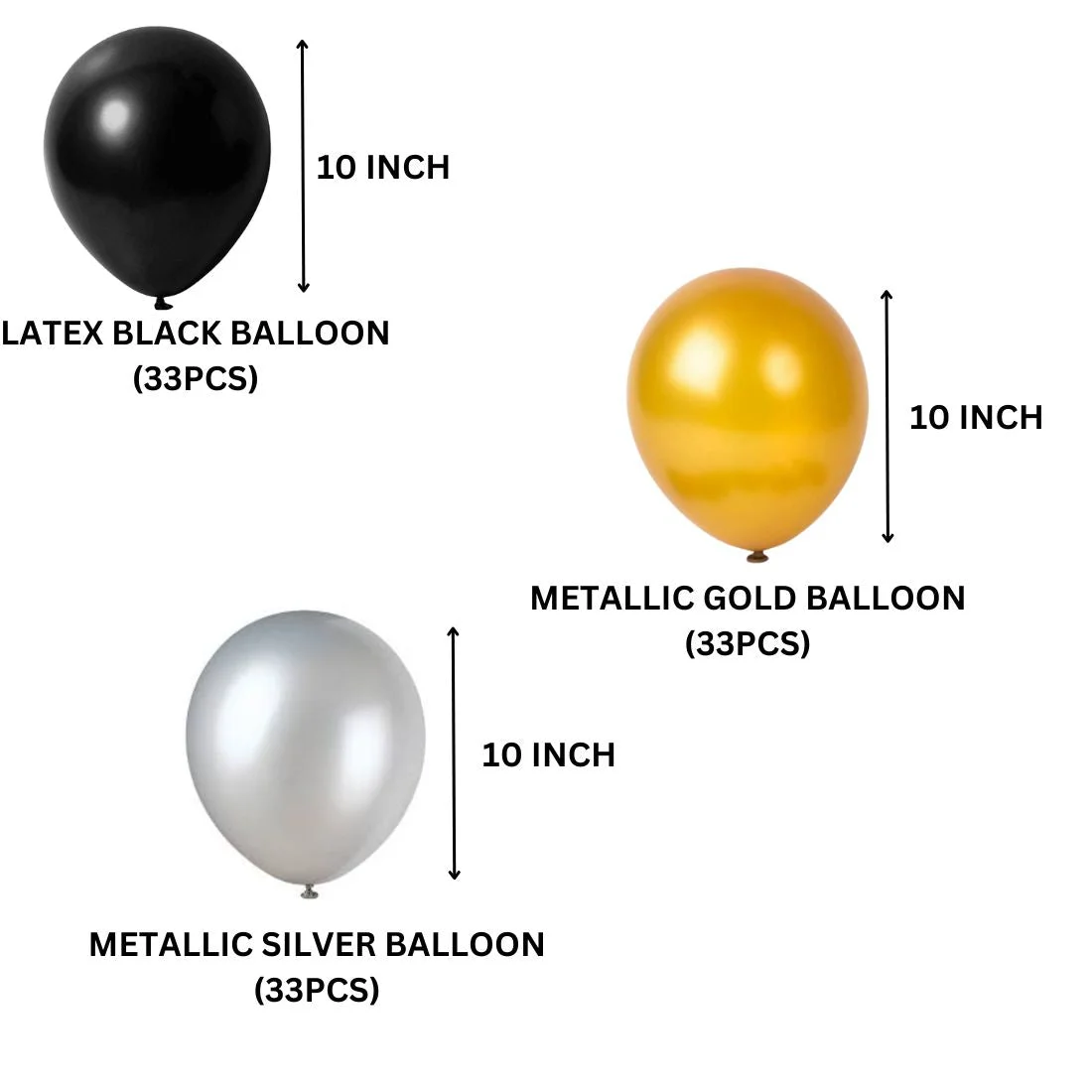 100Pcs Black, Golden and Silver Metallic Balloons For Ballons - Premium Handcrafted 300 GSM Balloons by Party Decor Mall India - View 2