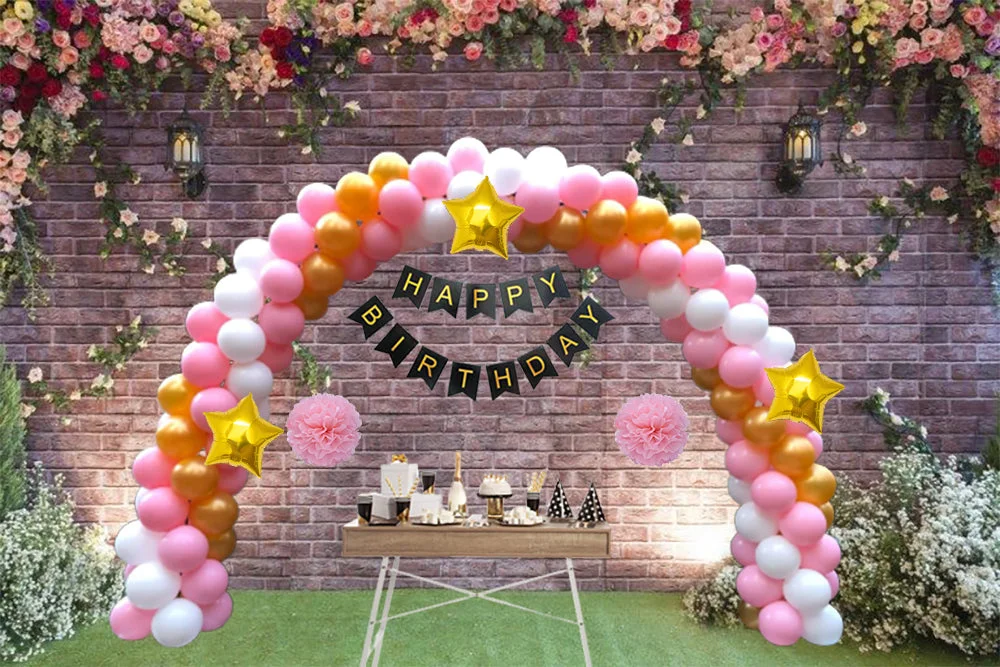 80 Pcs DIY Happy Birthday Kit - Pink Gold White Balloon with PomPom & Happy birthday Banner
