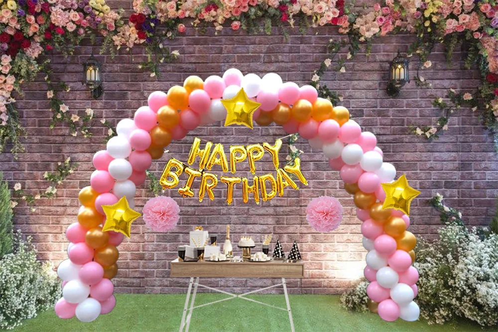 80 Pcs DIY Happy Birthday Kit - Pink Gold White Balloon with PomPom & Happy birthday Foil Banner