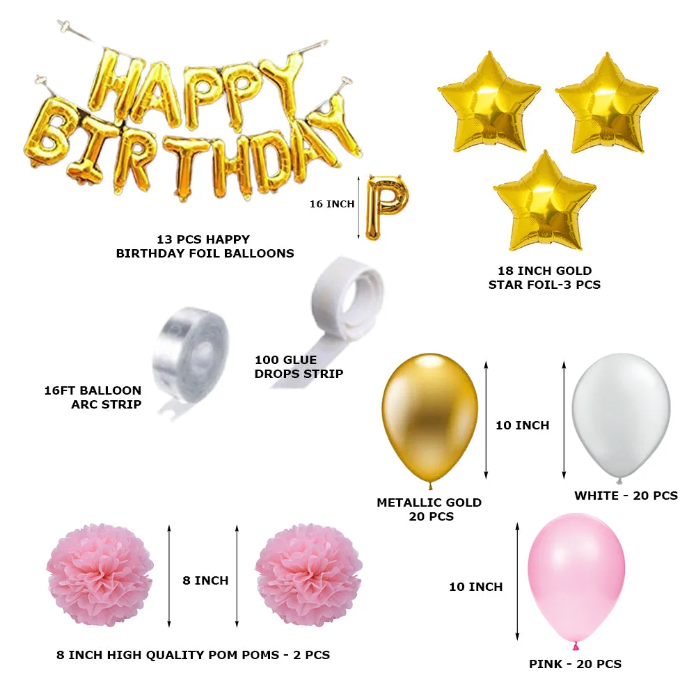 80 Pcs DIY Happy Birthday Kit - Pink Gold White Balloon with PomPom & Happy birthday Foil Banner - Premium Handcrafted 300 GSM Party Supplies by Party Decor Mall India - View 2