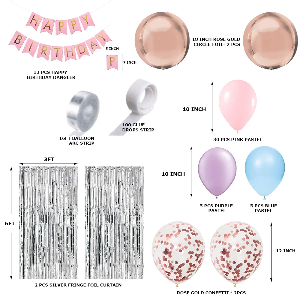 61 Pcs DIY Happy Birthday Kit - Pink Purple Pastel Balloons, Silver Fringe and Happy birthday Banner - Premium Handcrafted 300 GSM Party Supplies, Balloons by Party Decor Mall India - View 2