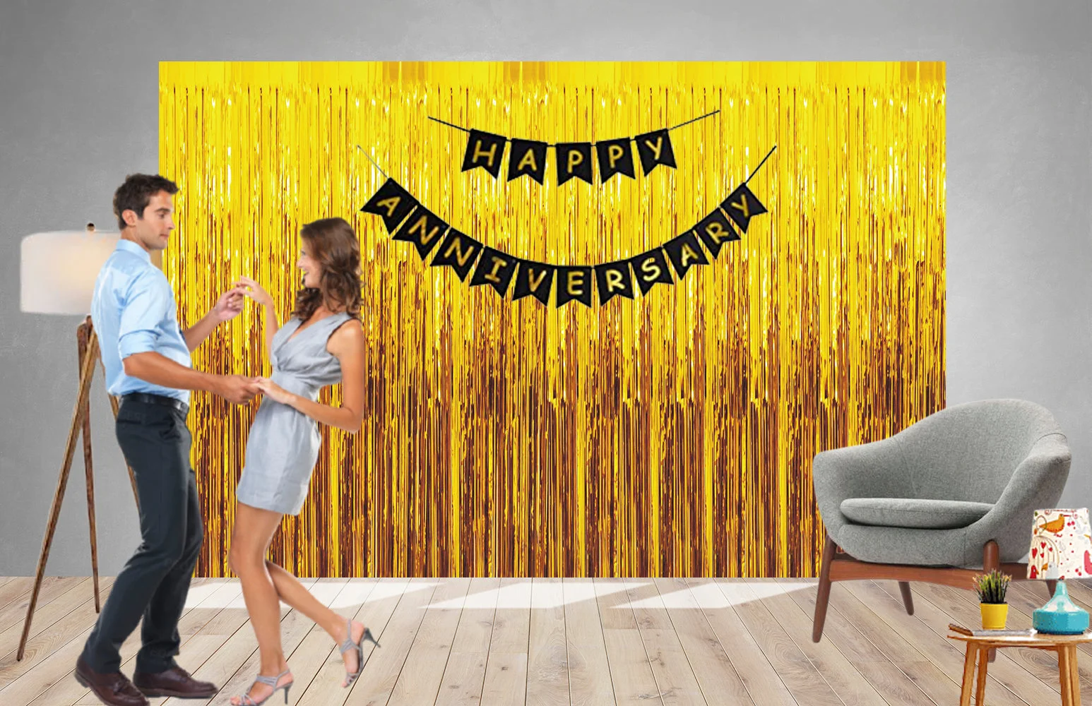 19 Pcs Golden Fringe - Black Happy Anniversary Banner Combo