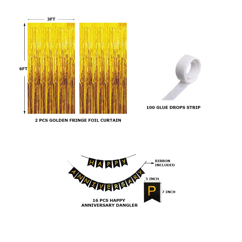 19 Pcs Golden Fringe - Black Happy Anniversary Banner Combo - Premium Handcrafted 300 GSM Balloon Kit by Party Decor Mall India - View 2
