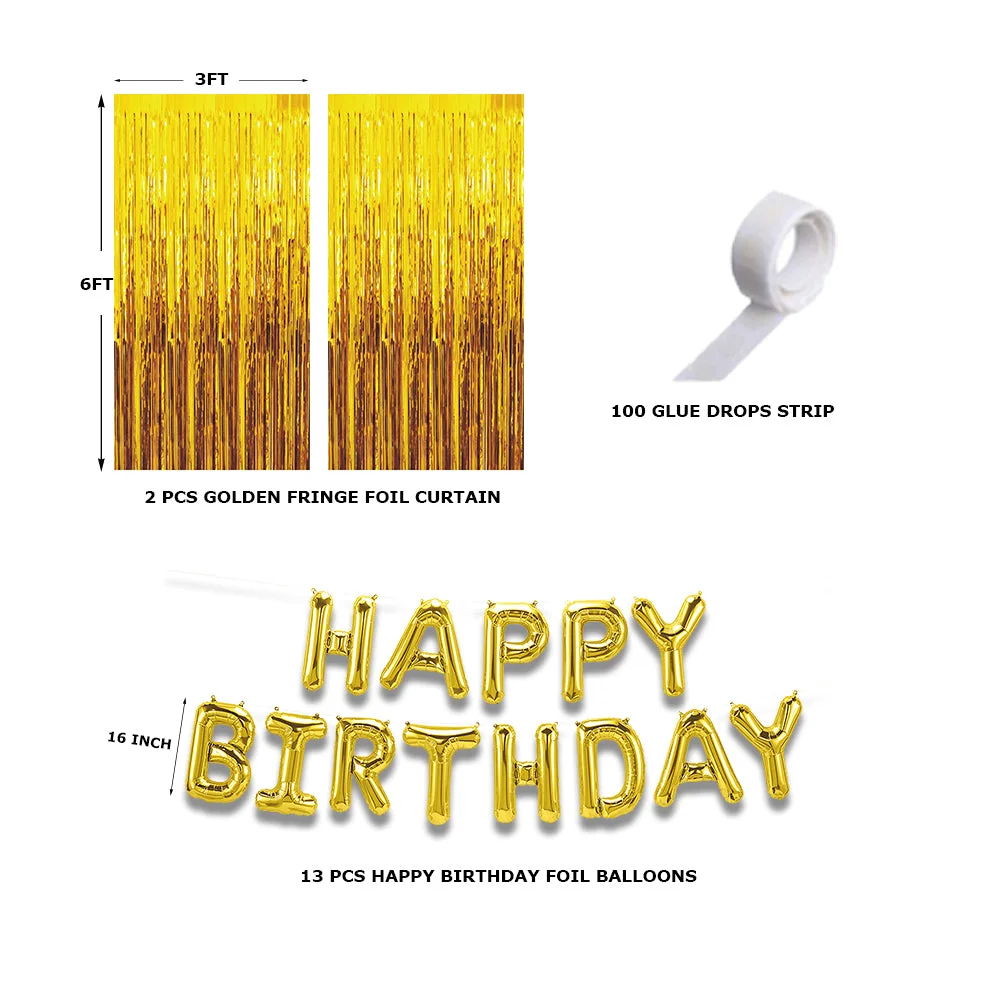 16 Pcs Golden Fringe - Golden Happy Birthday Foil Combo - Premium Handcrafted 300 GSM Balloon Kit by Party Decor Mall India - View 2