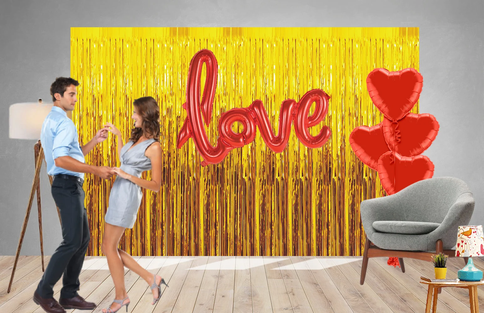 8 Pcs Golden Fringe - Red Love Foil Balloon & Heart Balloon Combo