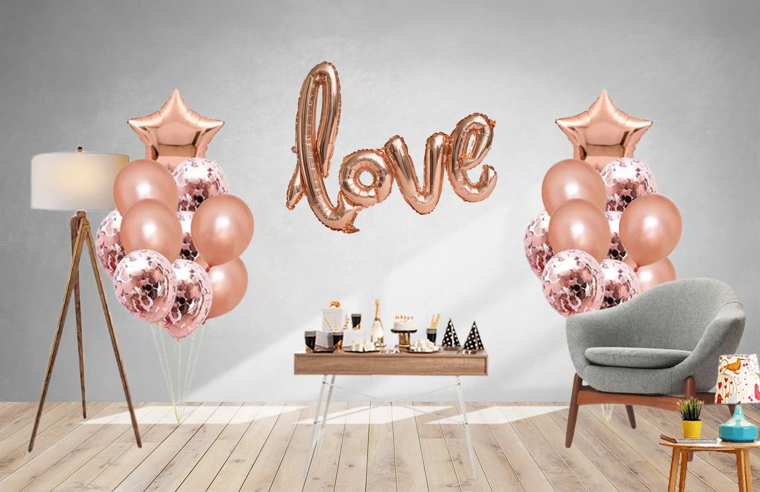 24 Pcs Love Kit - Rose Gold Love Foil Balloon, Rose Gold Metallic Balloons, Rose gold Confetti Balloons &amp; Rose Gold Star foil