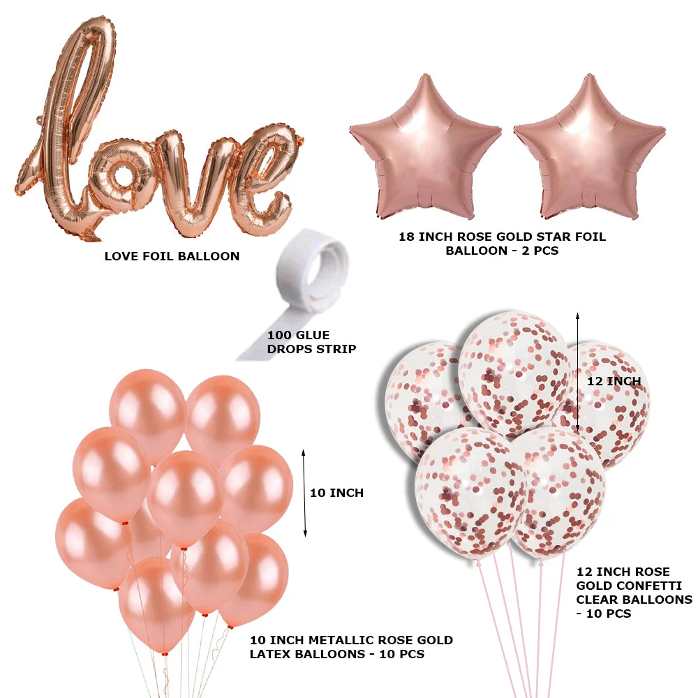24 Pcs Love Kit - Rose Gold Love Foil Balloon, Rose Gold Metallic Balloons, Rose gold Confetti Balloons & Rose Gold Star foil - Premium Handcrafted 300 GSM Balloons by Party Decor Mall India - View 2