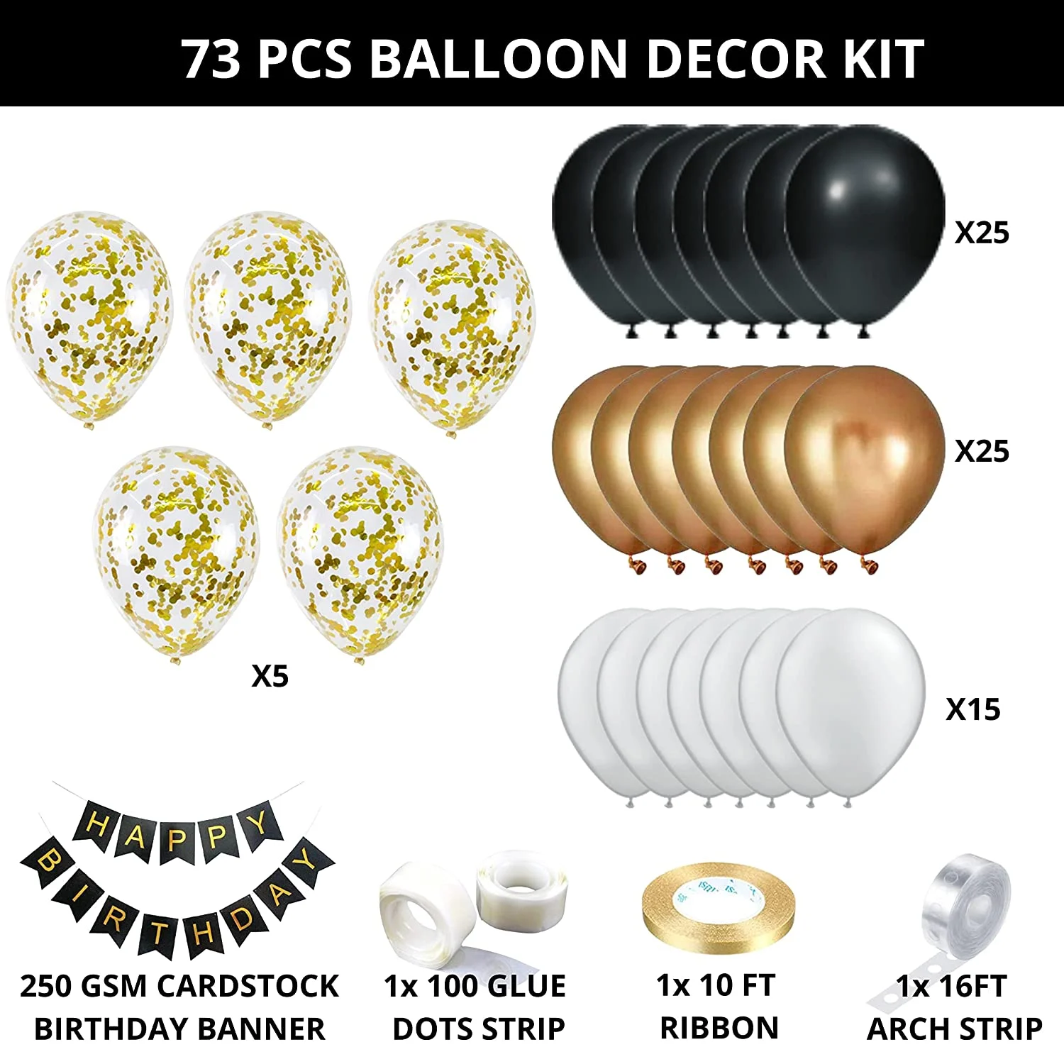 73 Pcs – DIY Happy Birthday Kit – Golden, white, Black & confetti Balloons – Black Happy Birthday Banner - Premium Handcrafted 300 GSM Balloons by Party Decor Mall India - View 2