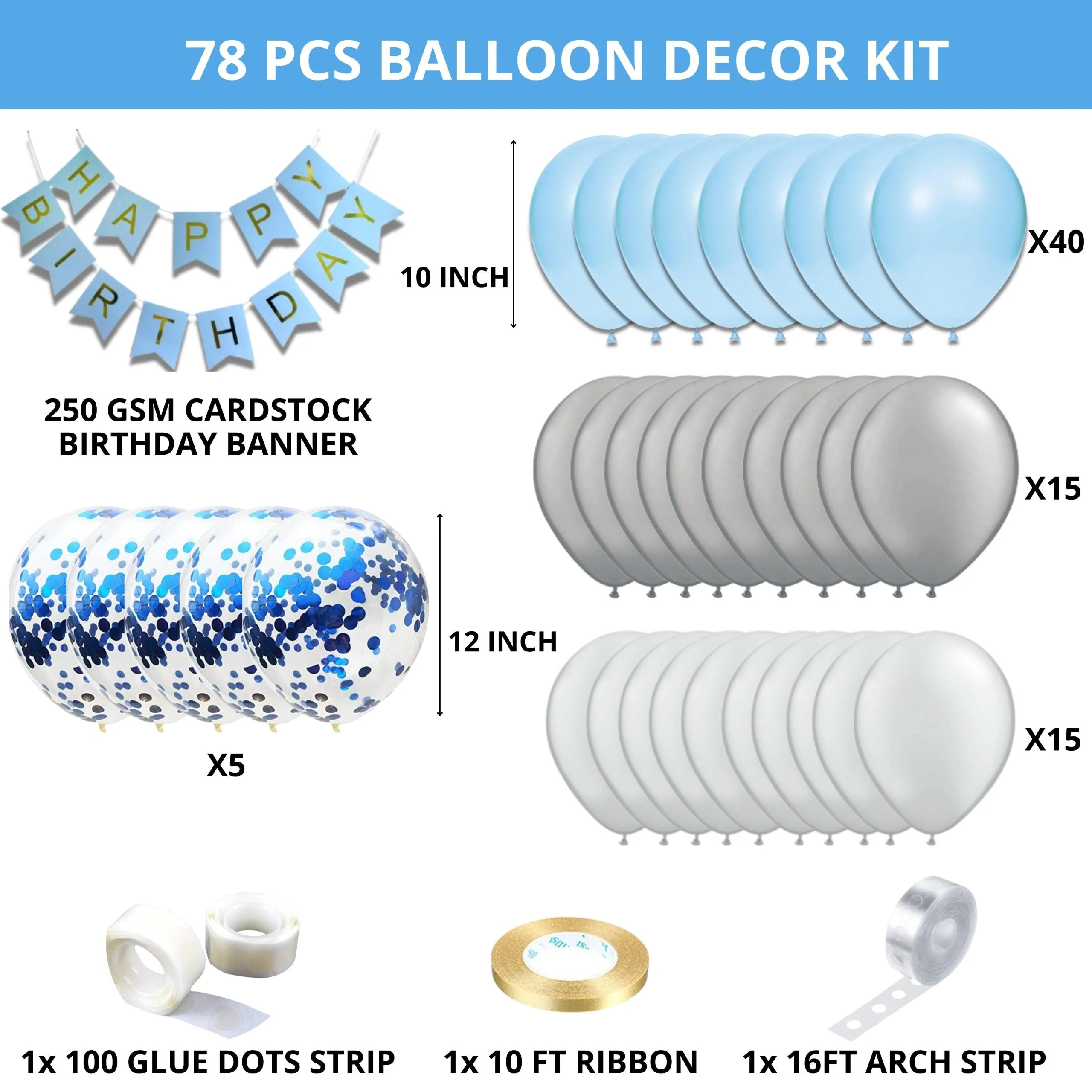 78Pcs DIY Happy Birthday Kit - White, Silver & Blue Pastel Balloon, Silver Confetti Balloon & Blue Happy Birthday Banner - Premium Handcrafted 300 GSM Party Supplies by Party Decor Mall India - View 2