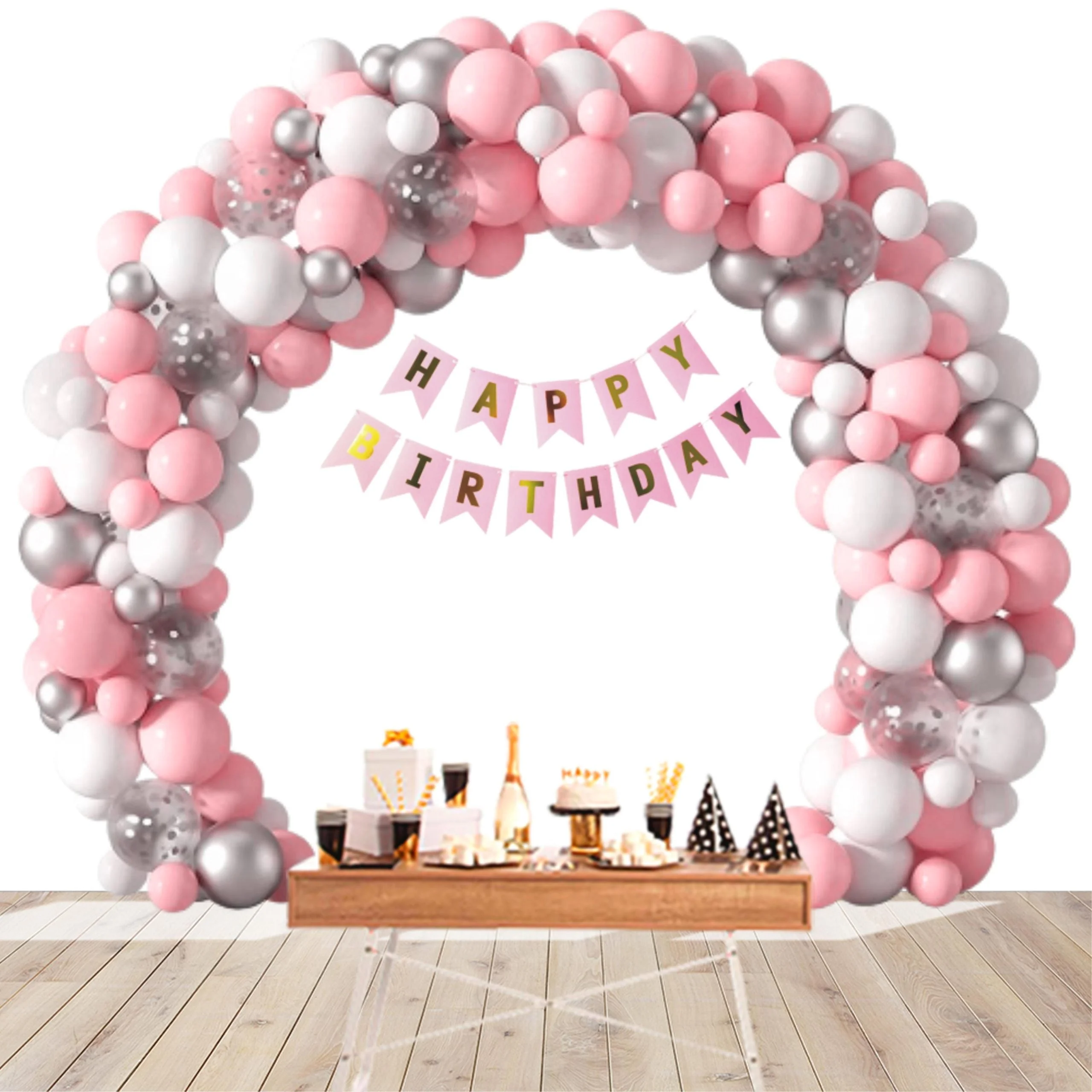 78Pcs DIY Happy Birthday Kit - White, Pink Pastel & Silver Metallic Balloons, Confetti Balloon & Pink Happy Birthday Banner - Premium Handcrafted 300 GSM Party Supplies, Balloons by Party Decor Mall India - View 2
