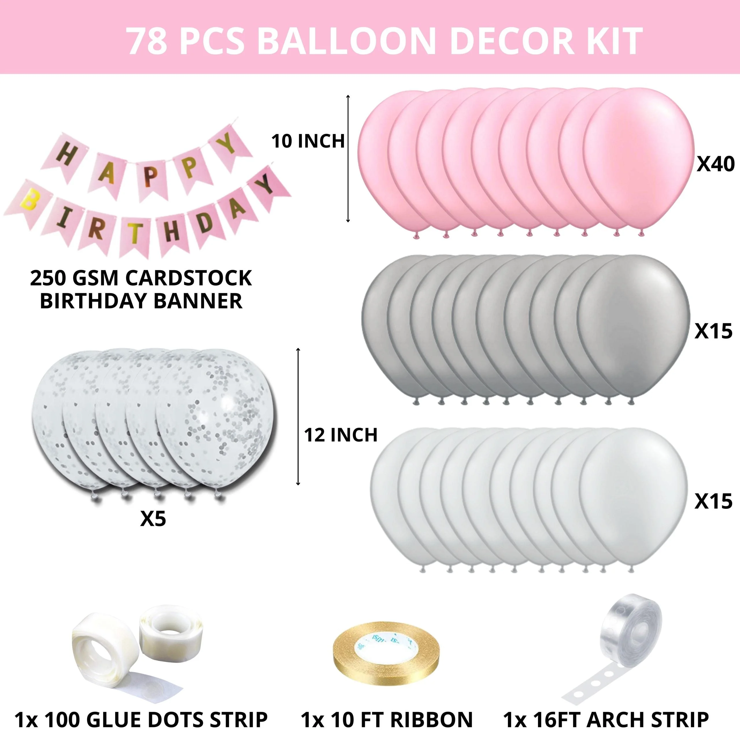 78Pcs DIY Happy Birthday Kit - White, Pink Pastel & Silver Metallic Balloons, Confetti Balloon & Pink Happy Birthday Banner - Premium Handcrafted 300 GSM Party Supplies, Balloons by Party Decor Mall India - View 3