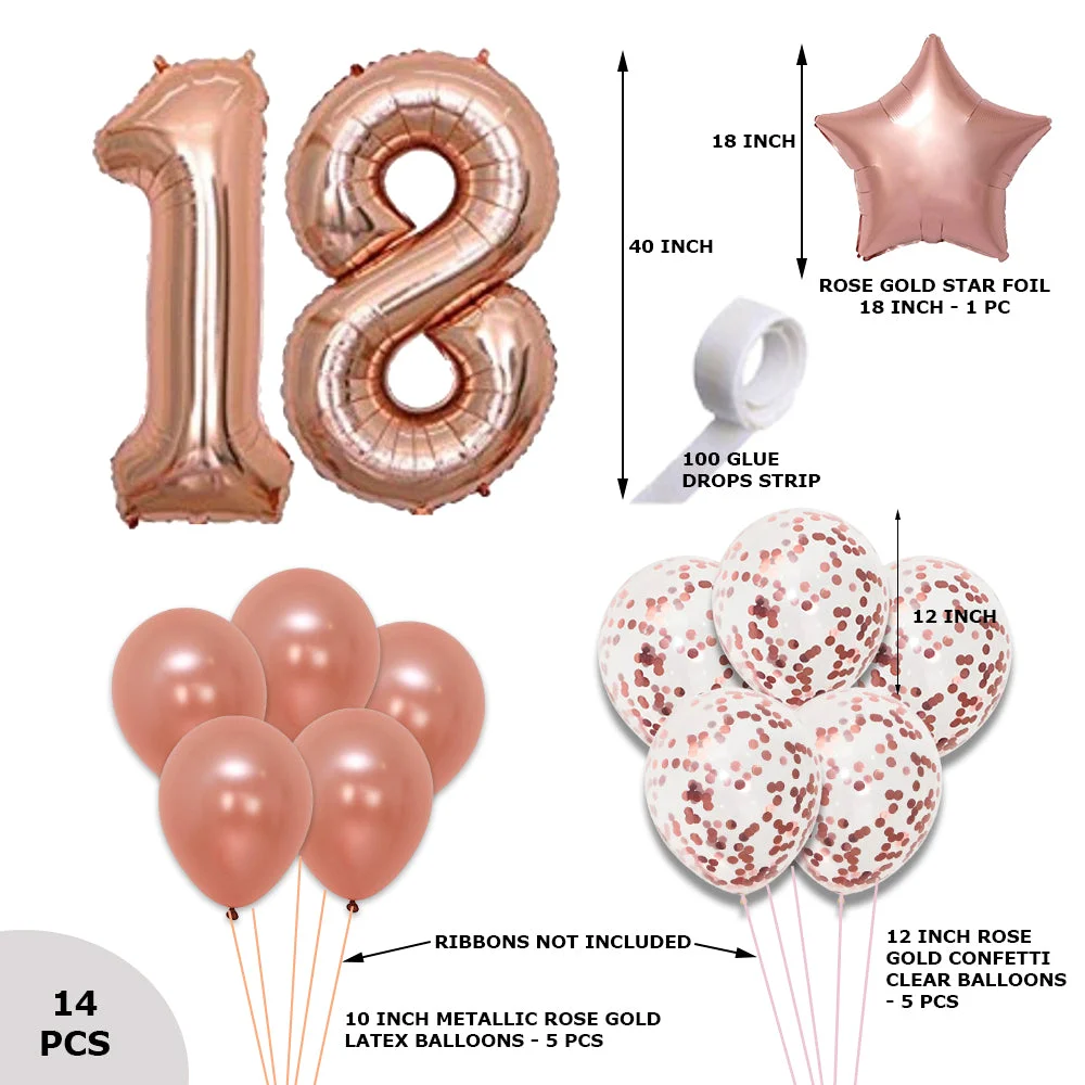 14 Pcs Birthday Kit – Rose Gold 18 Number 40″ Foil Balloon-Rose Gold Metallic Balloons, Confetti, Star foil Balloon - Premium Handcrafted 300 GSM Balloons by Party Decor Mall India - View 2