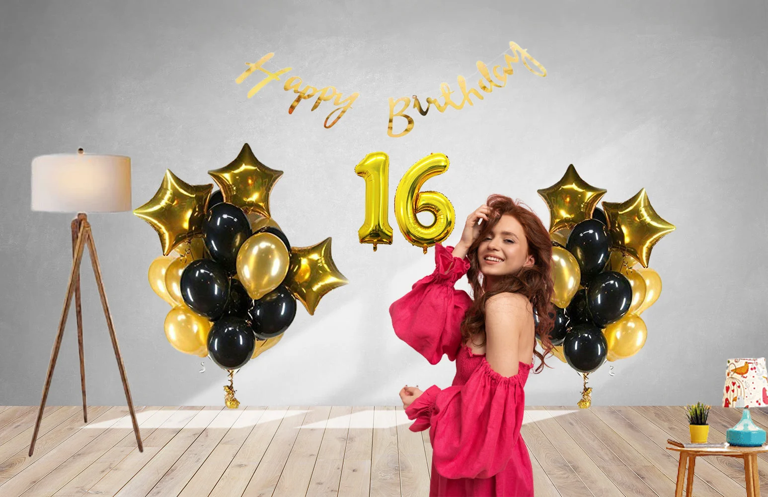 40 Pcs DIY Happy Birthday Kit - Metallic Gold Balloon, Black Balloon, GoldStar, 16 Inches Number 16 Foil Balloon, Gold Happy birthday Banner