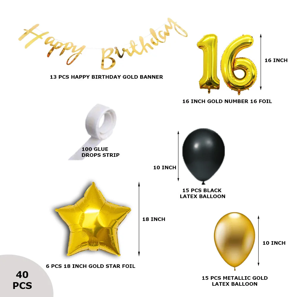 40 Pcs DIY Happy Birthday Kit - Metallic Gold Balloon, Black Balloon, GoldStar, 16 Inches Number 16 Foil Balloon, Gold Happy birthday Banner - Premium Handcrafted 300 GSM Balloon Kit by Party Decor Mall India - View 2