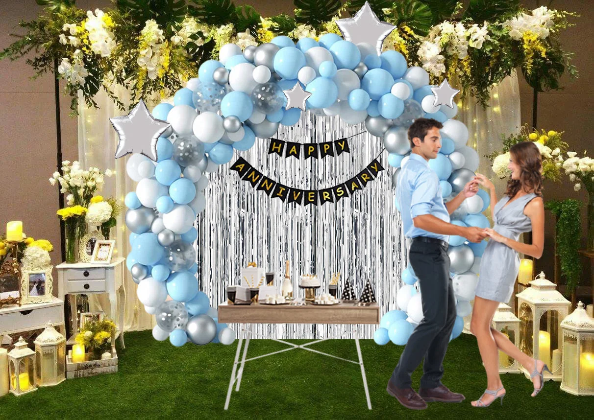 134 Pcs Happy Anniversary Kit Metallic Silver, Blue & White Balloons, Silver Stars, Silver Confetti, Black Happy Anniversary Banner & Fringe Curtain - Premium Handcrafted 300 GSM Balloons by Party Decor Mall India - View 1