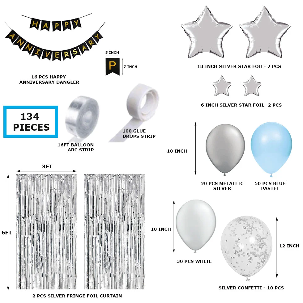 134 Pcs Happy Anniversary Kit Metallic Silver, Blue & White Balloons, Silver Stars, Silver Confetti, Black Happy Anniversary Banner & Fringe Curtain - Premium Handcrafted 300 GSM Balloons by Party Decor Mall India - View 2