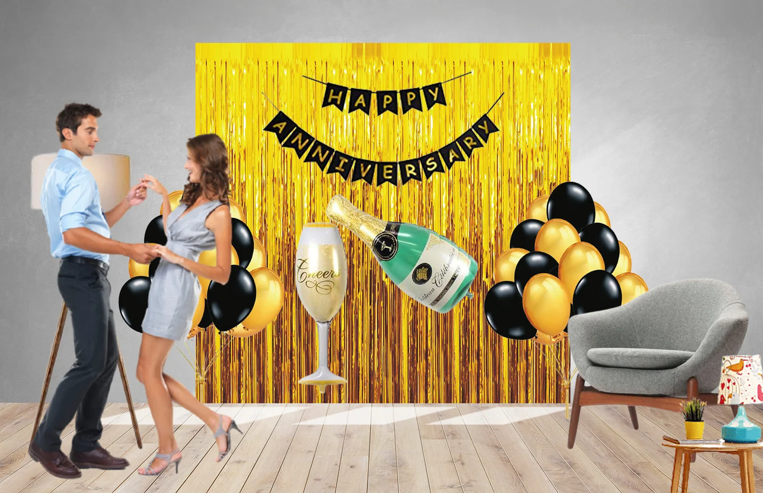 51 Pcs DIY Happy Anniversary Kit - Metallic Golden & Black Balloons, Black Happy Anniversary Banner & Golden Fringe Curtain - Premium Handcrafted 300 GSM Balloons by Party Decor Mall India - View 1