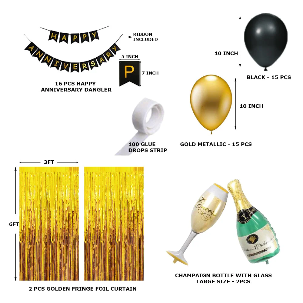 51 Pcs DIY Happy Anniversary Kit - Metallic Golden & Black Balloons, Black Happy Anniversary Banner & Golden Fringe Curtain - Premium Handcrafted 300 GSM Balloons by Party Decor Mall India - View 2